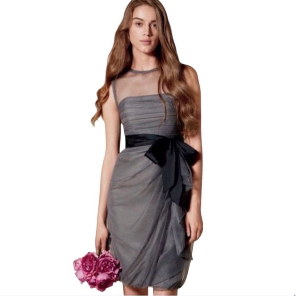 White By Vera Wang Gray & Black Rouched Belted Bridesmaid Dress